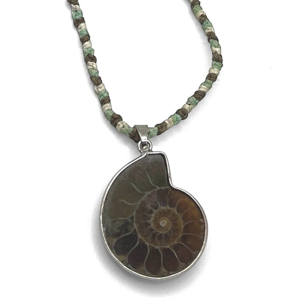 Vintage Ammonite Shell Fossil Pendant Necklace Spiral Bezel Cord Beach Coastal